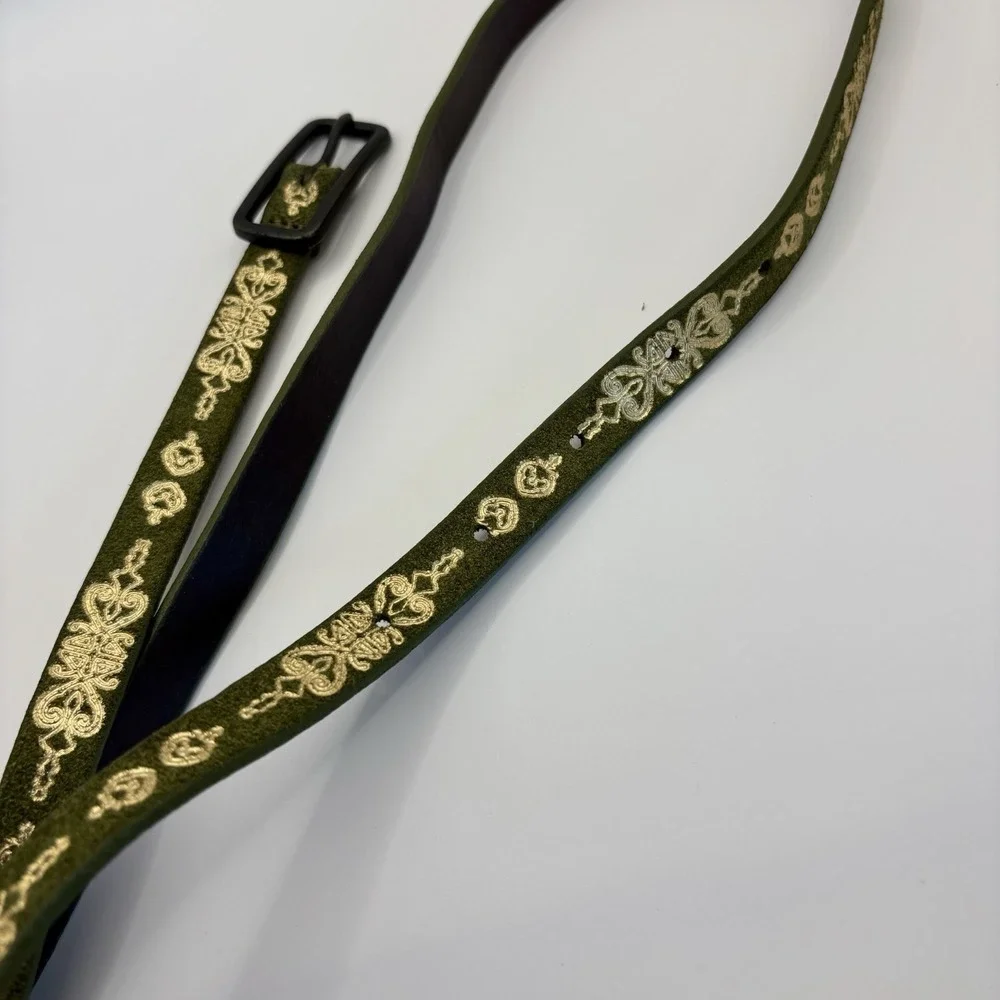 Vtg Y2K Gap Leather Belt Green Suede Gold Women L Skinny Boho Fairy Western USA